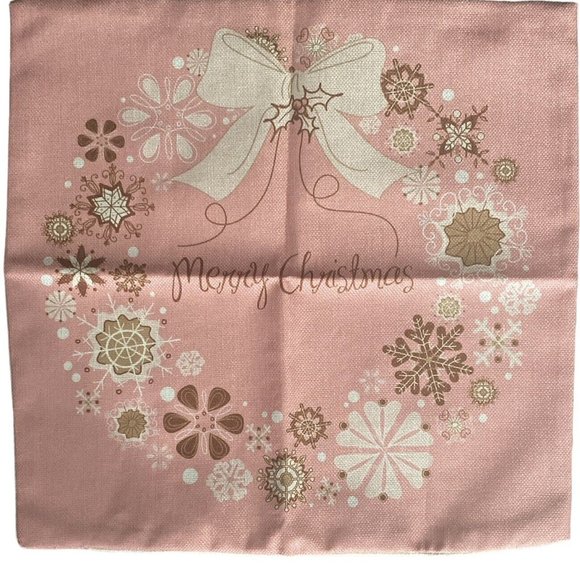 Merry Christmas Throw Pillow Cover 17 x 17 Pink & Cream Zip Closure Snowflakes - Picture 1 of 2